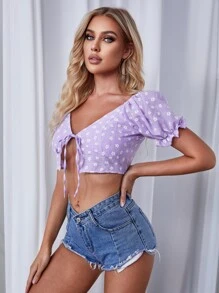 SHEIN VCAY 小碎花泡泡袖上衣 - 紫色 - 查看 4