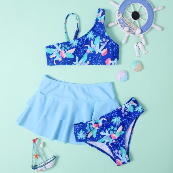 

3pack Girls Plant Print Asymmetrical Bikini Swimsuit, Multicolor