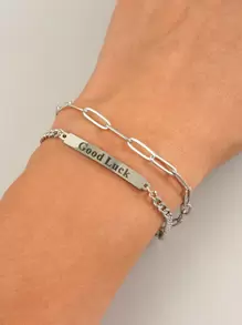 Fashionable and Popular Men Letter Graphic Layered Link Bracelet Stainless Steel for Jewelry Gift and for a Stylish Look - Silver - View 1