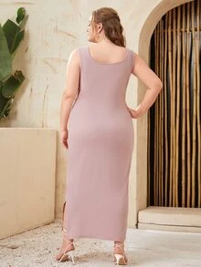 SHEIN Clasi Plus Solid Split Hem Dress - Dusty Pink - View 2