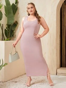 SHEIN Clasi Plus Solid Split Hem Dress - Dusty Pink - View 3