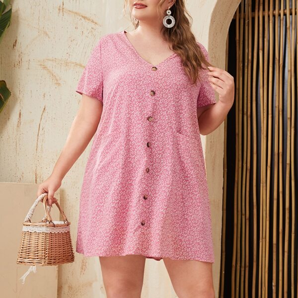 

Plus Button Front Allover Plants Dress, Pink