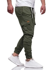 Manfinity Homme Men Drawstring Hem Pocket Side Cargo Trousers - Army Green - View 3
