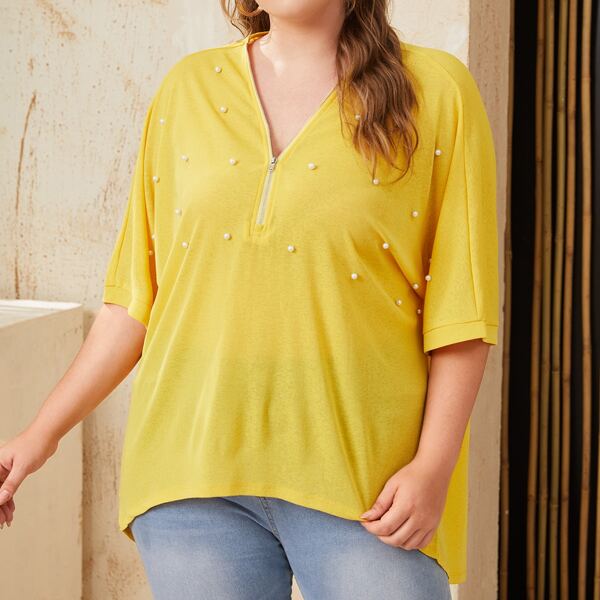 

Plus Pearl Beaded High Low Hem Top, Yellow