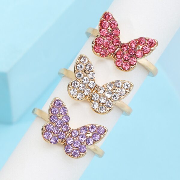 

3pcs Girls Rhinestone Butterfly Decor Ring, Gold