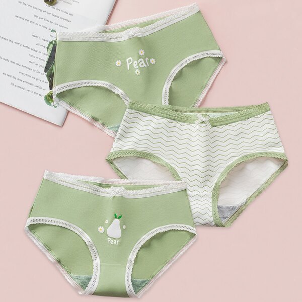 

Girls 3 Pack Letter And Chevron Print Lace Trim Brief, Multicolor