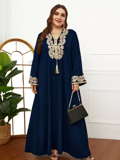 Al Najma Plus Floral Embroidery Tassel Trim Dress Fall Cloth For Women