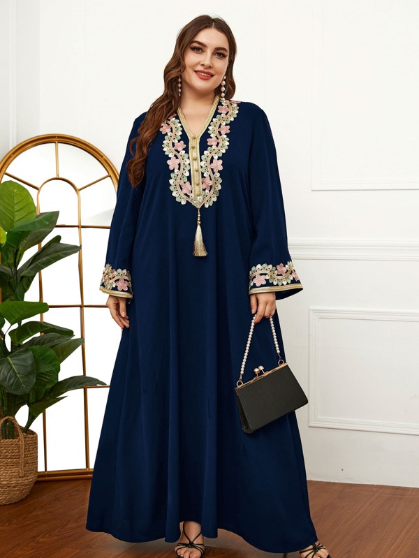 Al Najma Plus Floral Embroidery Tassel Trim Dress Fall Cloth For Women