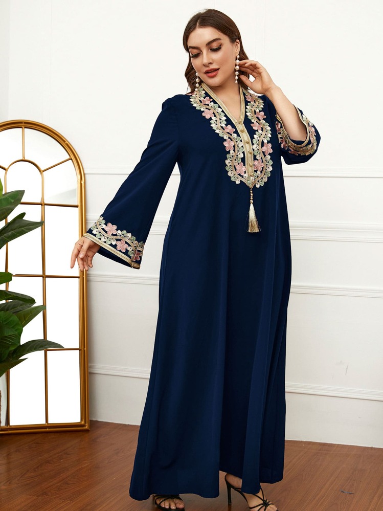 Al Najma Broderi Frans Framsida Knappar Blommig Boho Plus Size Klänning - Marinblå - Visa 3