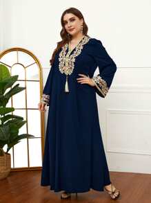 Al Najma 大碼花卉刺繡流蘇邊洋裝 - 藏蓝色 - 查看 4