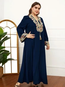 Al Najma 大碼花卉刺繡流蘇邊洋裝 - 藏蓝色 - 查看 5