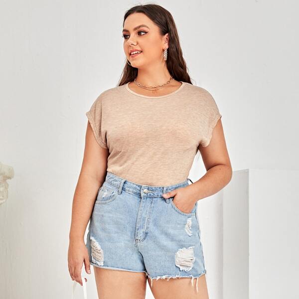

Plus Round Neck Cap Sleeve Tee, Apricot