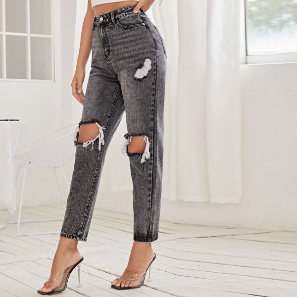 

High Waist Ripped Mom Cropped Jeans, Grey