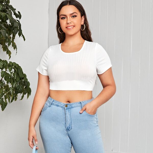 

Plus Contrast Guipure Lace Lace Up Back Crop Tee, White