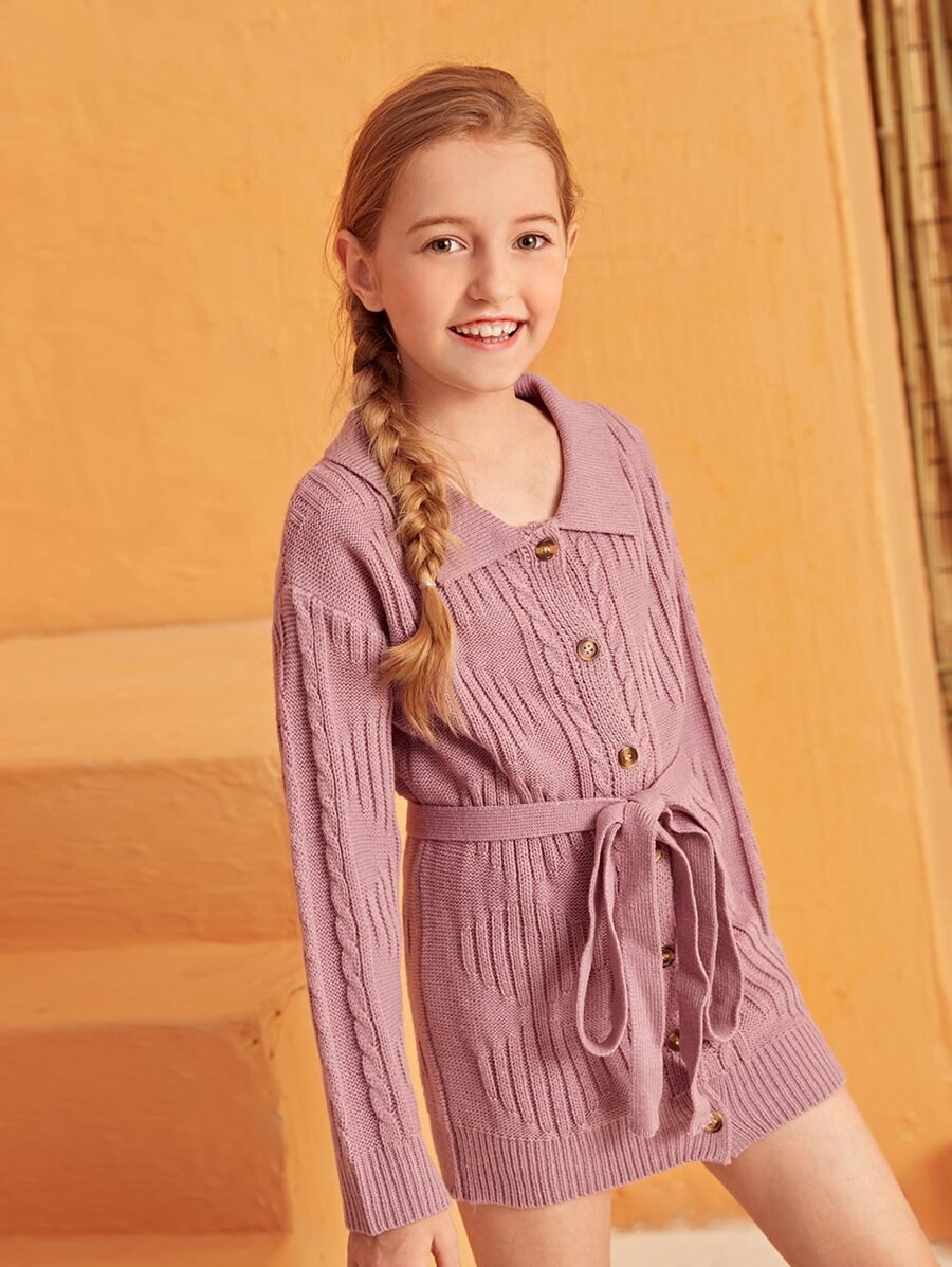 Áo len nữ Thắt lưng Nút phía trước màu trơn Giải trí - Màu tím - Xem 1