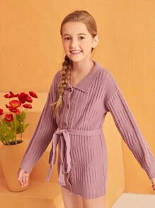 Áo len nữ Thắt lưng Nút phía trước màu trơn Giải trí - Màu tím - Xem 4