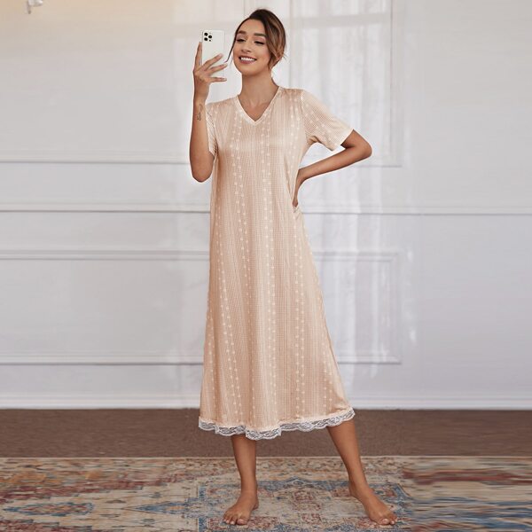 

Plaid Contrast Lace Night Dress, Pink