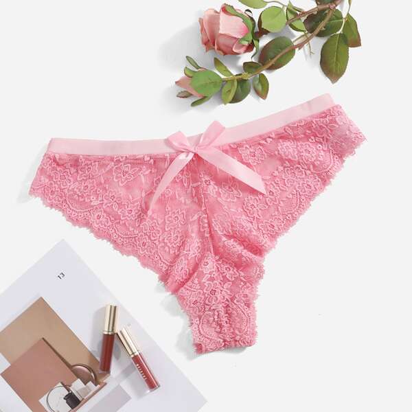 

Plus Floral Lace Bow Decor Panty, Pink