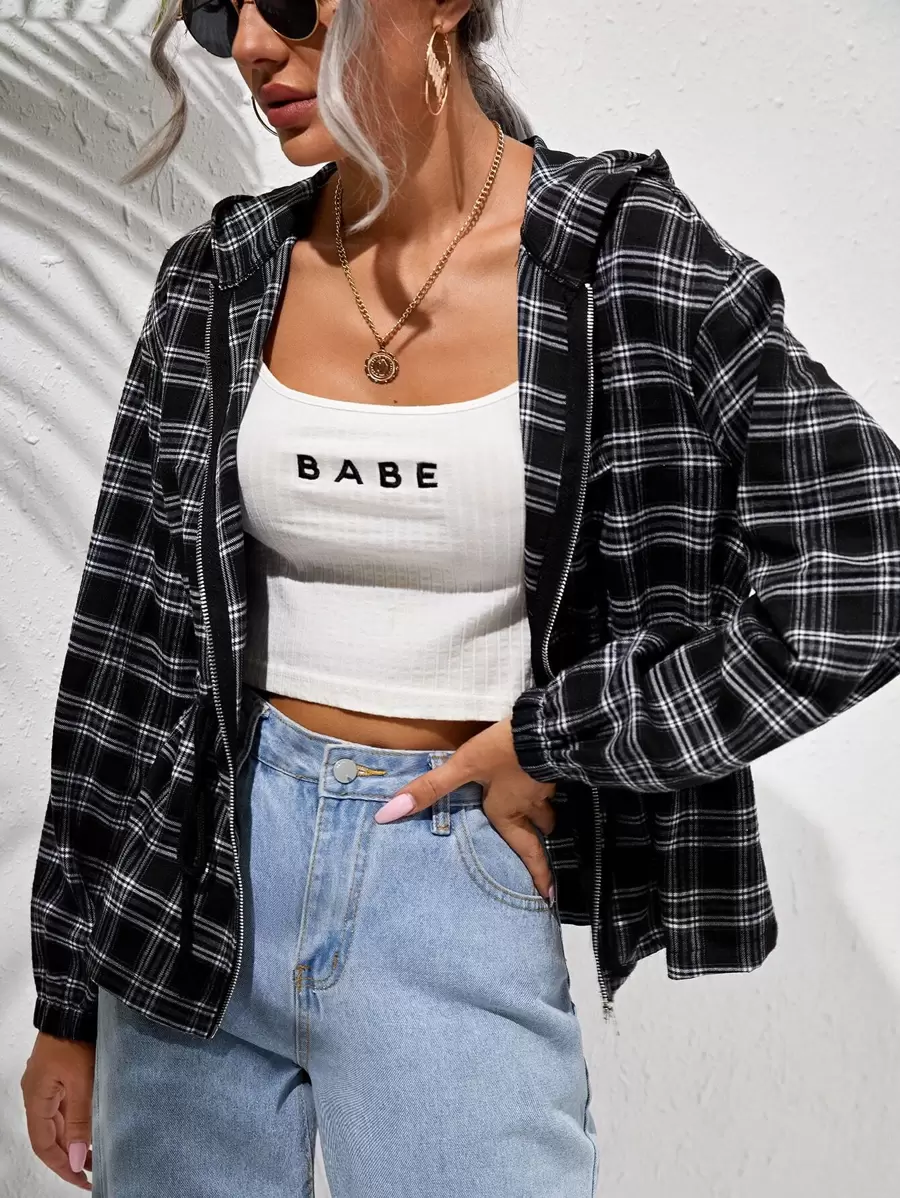 SHEIN Chamarra de cuadros con capucha con cremallera - Negro - Ver 1