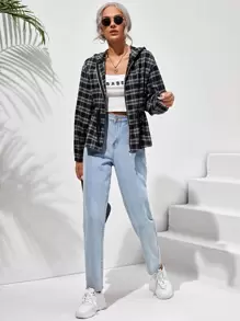 SHEIN Chamarra de cuadros con capucha con cremallera - Negro - Ver 3