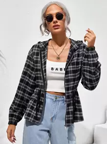 SHEIN Chamarra de cuadros con capucha con cremallera - Negro - Ver 4