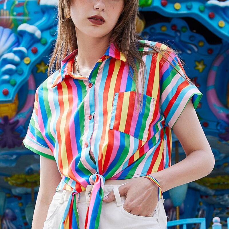 

Tie Hem Patch Pocket Rainbow Striped Blouse, Multicolor