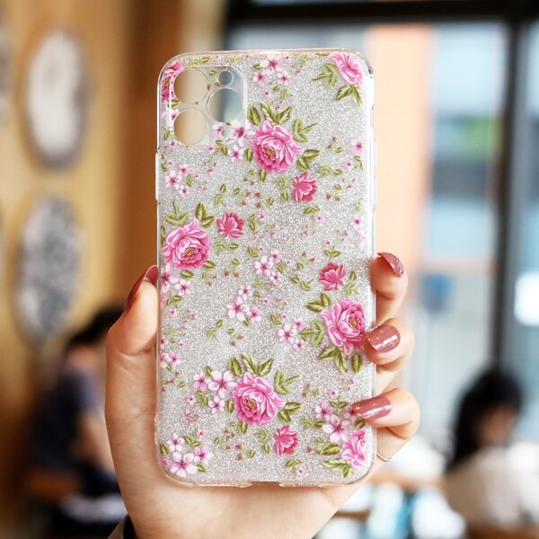 

Flower Pattern Glitter Phone Case, Multicolor