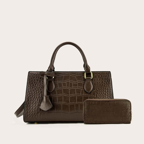 

Croc Embossed Satchel Bag With Purse, Brown