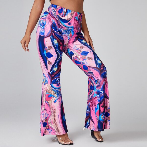 

Plus Graphic Print Flare Leg Pants, Multicolor