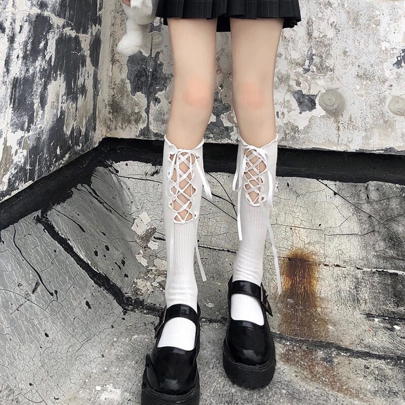 1pair Lace Up Over The Calf Socks, White