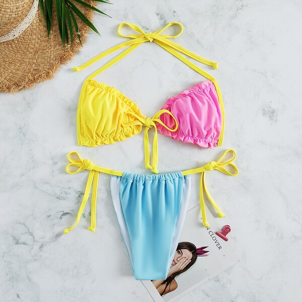 

Color Block Frill Thong Bikini Swimsuit, Multicolor