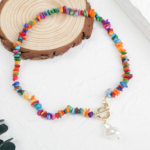 

Faux Pearl Pendant Necklace, Multicolor