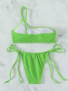 Summer Textured One Shoulder Thong Bikini - Green - View 2