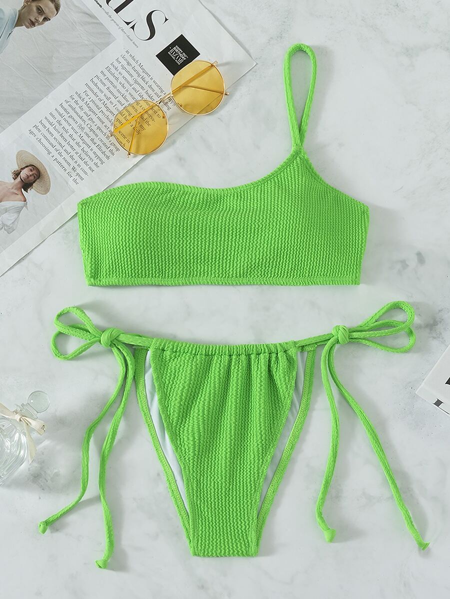 Summer Textured One Shoulder Thong Bikini - Green - View 1