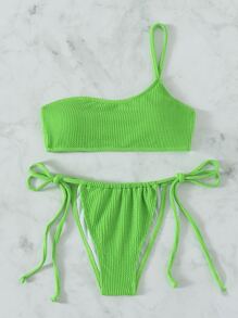 Summer Textured One Shoulder Thong Bikini - Green - View 4