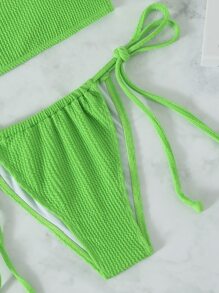 Summer Textured One Shoulder Thong Bikini - Green - View 5
