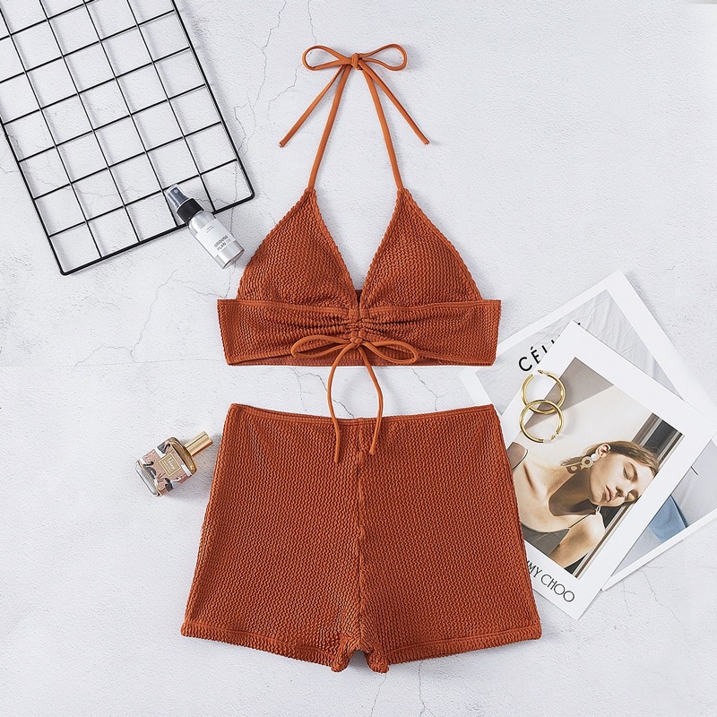 

Textured Triangle Shorts Bikini Swimsuit, Coffee brown