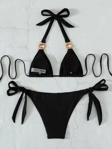 Bikini halter de triángulo con lazos laterales - Negro - Ver 2