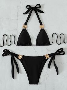 Bikini halter de triángulo con lazos laterales - Negro - Ver 3