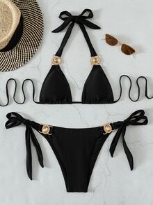 Bikini halter de triángulo con lazos laterales - Negro - Ver 4