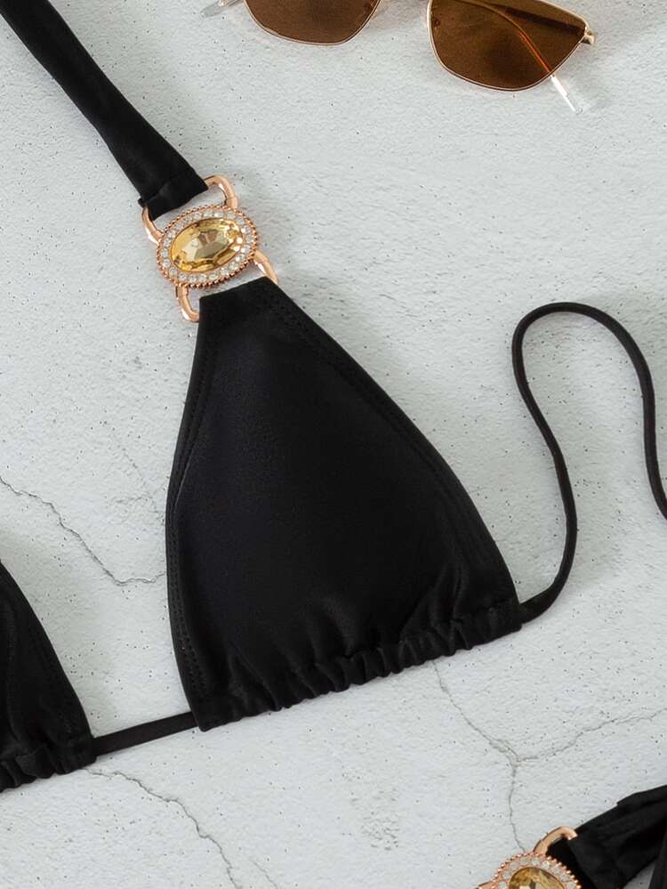 Bikini halter de triángulo con lazos laterales - Negro - Añade 6