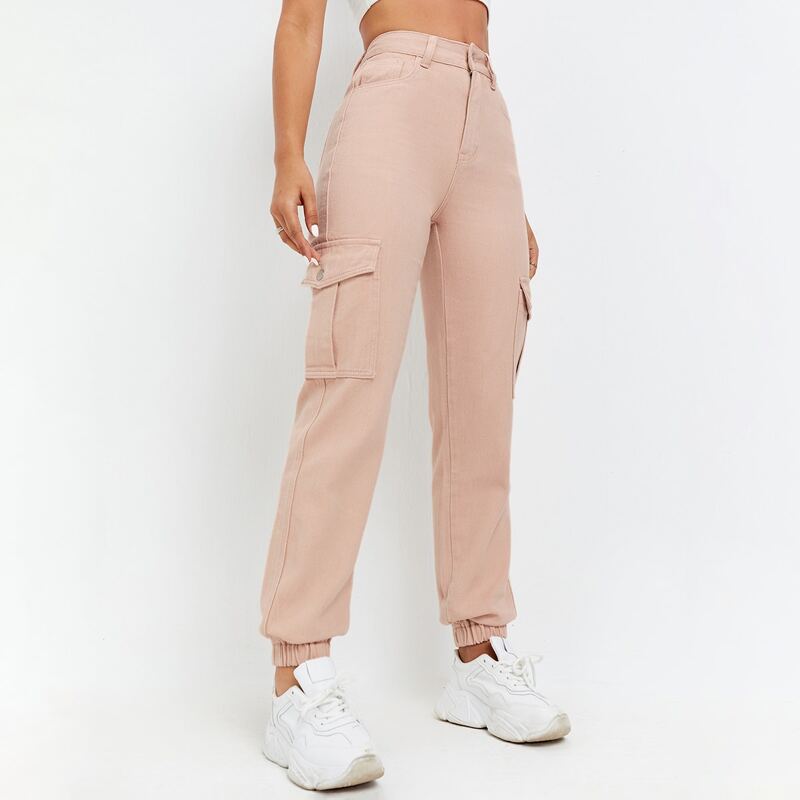 

High Waist Flap Pocket Jogger Jeans, Baby pink