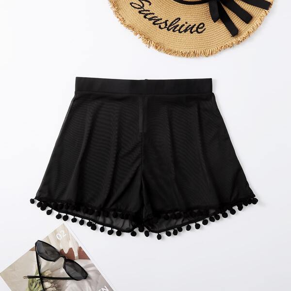 

Sheer Mesh Pom-pom Cover Up, Black