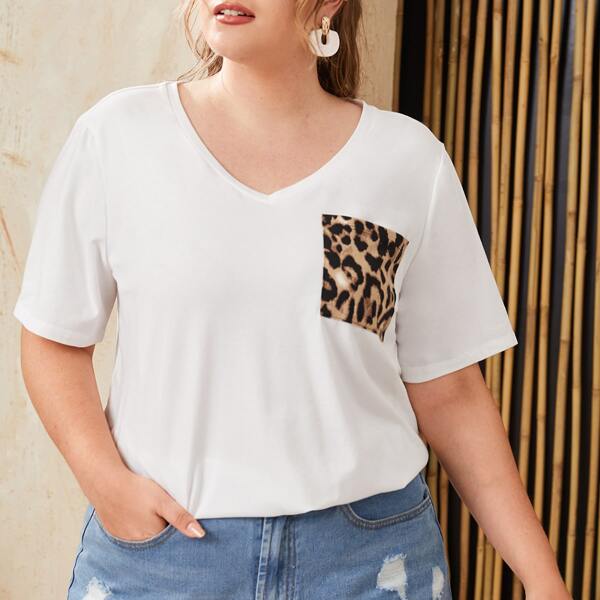 

Plus Leopard Print Pocket Front Tee, White