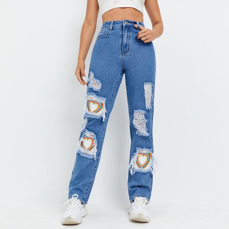 

High Waist Ripped Heart Print Straight Leg Jeans, Medium wash