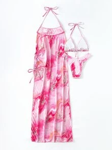 3 Packs Marble Print Triangle Bikini Set & Cover Up, For Summer Beach Vacation - Multicolor - View 2