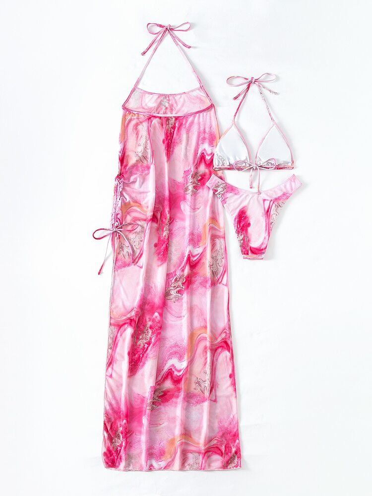 3 Packs Marble Print Triangle Bikini Set & Cover Up, For Summer Beach Vacation - Multicolor - View 2