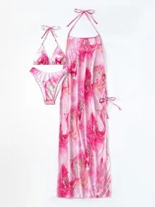 3 Packs Marble Print Triangle Bikini Set & Cover Up, For Summer Beach Vacation - Multicolor - View 3