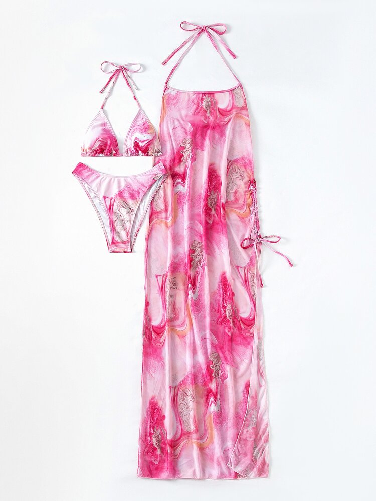3 Packs Marble Print Triangle Bikini Set & Cover Up, For Summer Beach Vacation - Multicolor - View 3