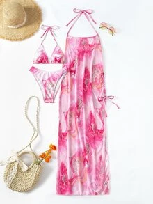3 Packs Marble Print Triangle Bikini Set & Cover Up, For Summer Beach Vacation - Multicolor - View 4